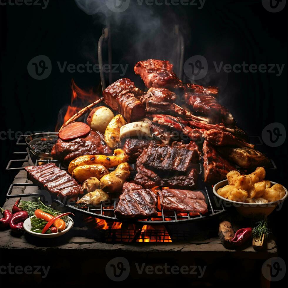 Grilled Meat with a variety of meats on a plate perfect appetizer generated by AI photo