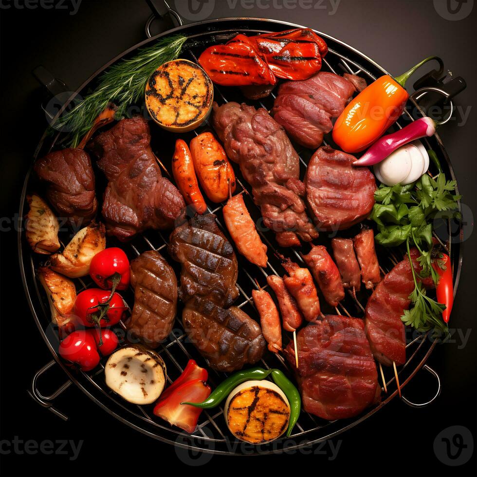 A la parrilla carne con un variedad de carnes en un plato Perfecto aperitivo generado por ai foto