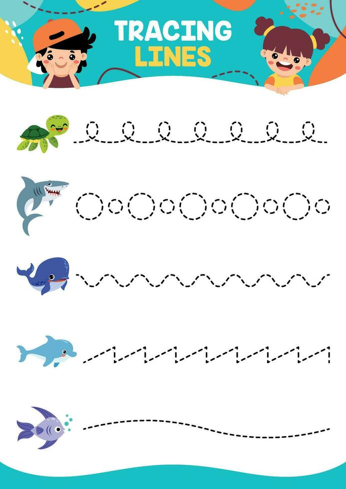 Tracing Lines Exercise Worksheet For Kids vector