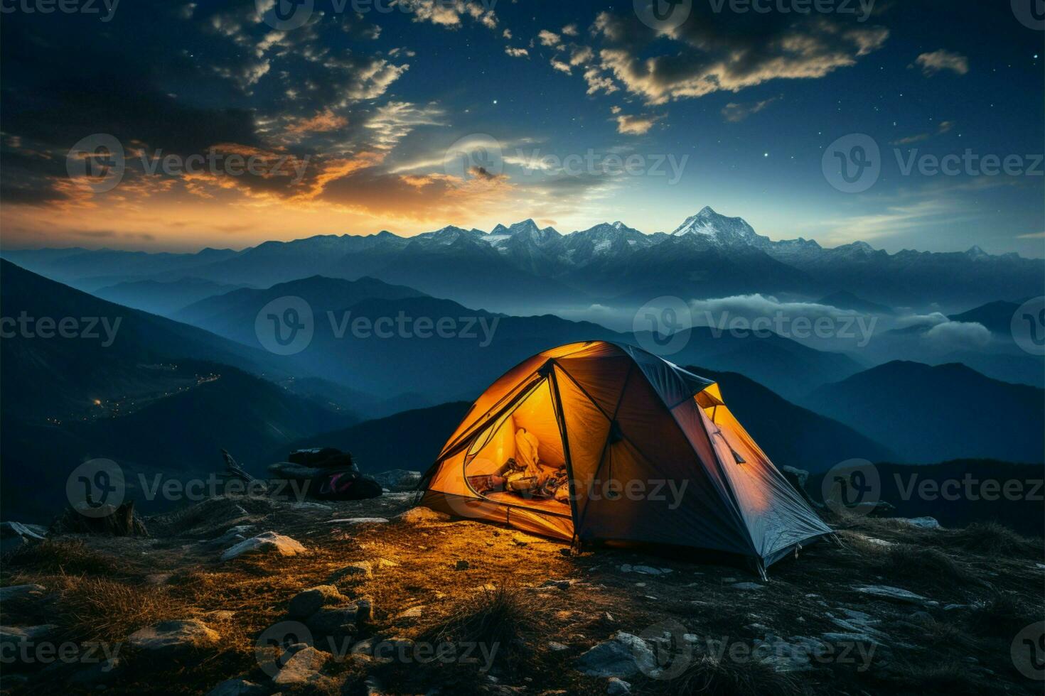 Starry summit camping Tent pitched high, immersed in mountainous nocturnal grandeur AI Generated photo
