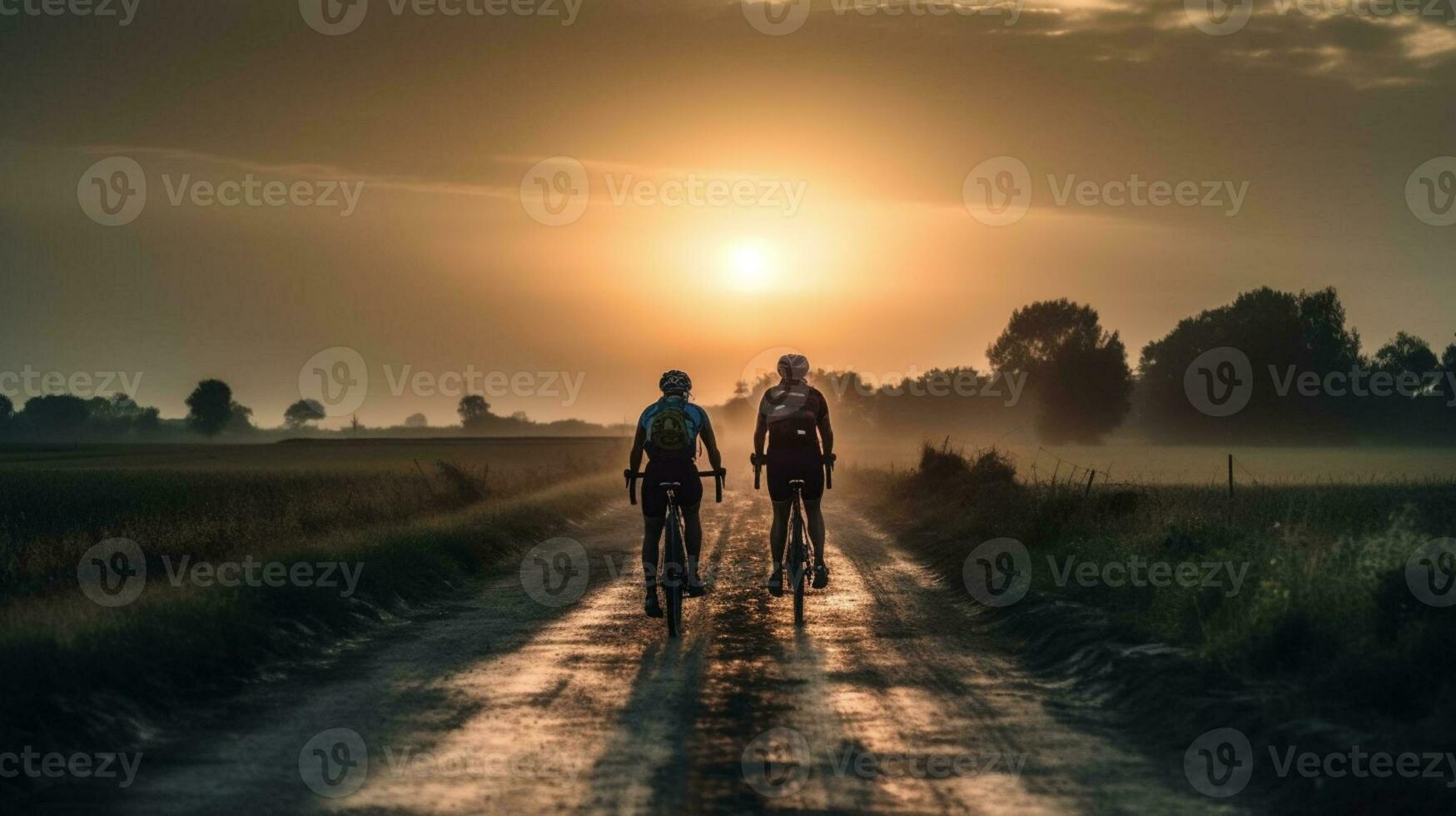 el poder de resistencia, ciclistas en un puesta de sol la carretera - espalda ver ai generado foto