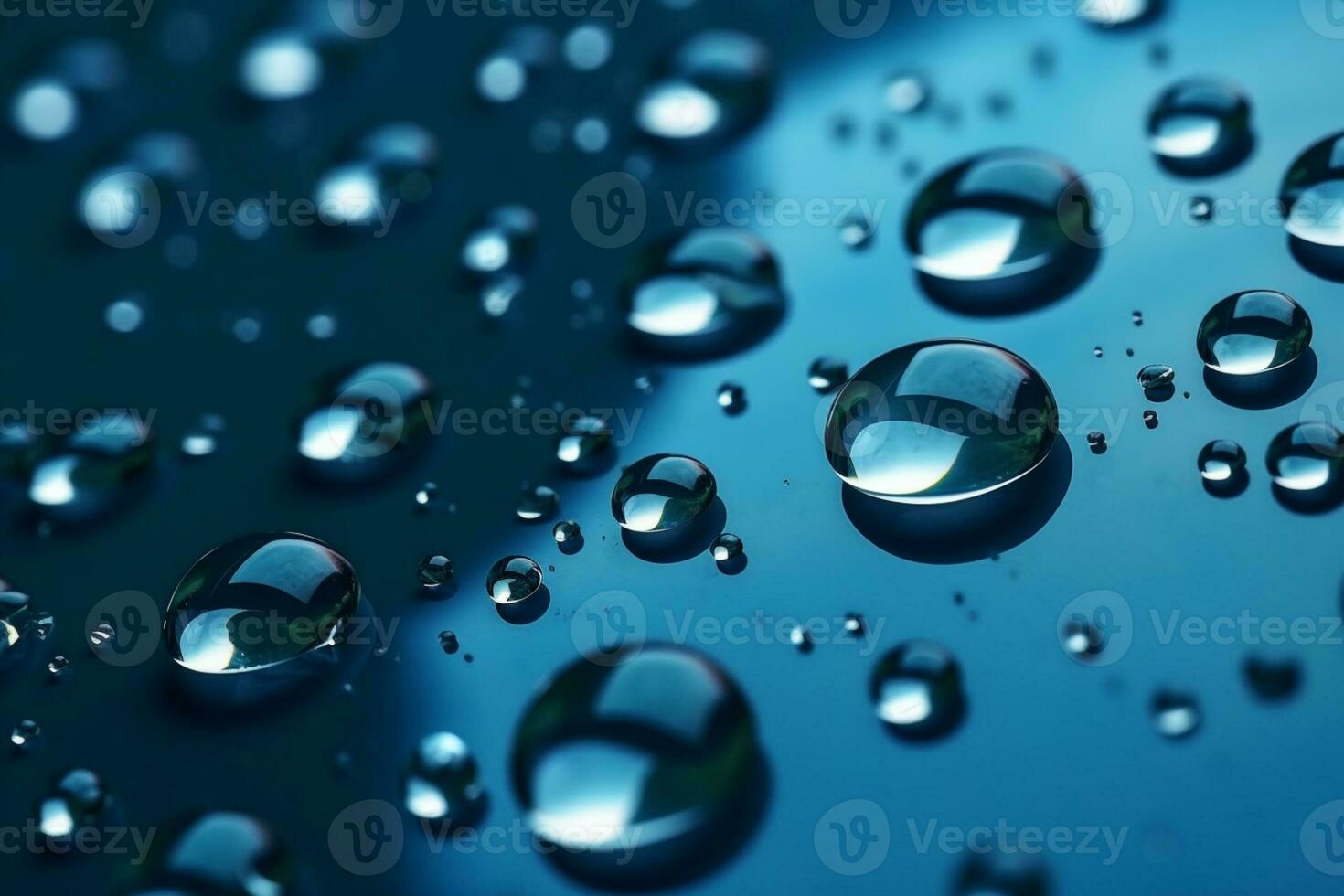 Reflective water droplets on a deep blue background with gradation and highlights. AI Generated photo