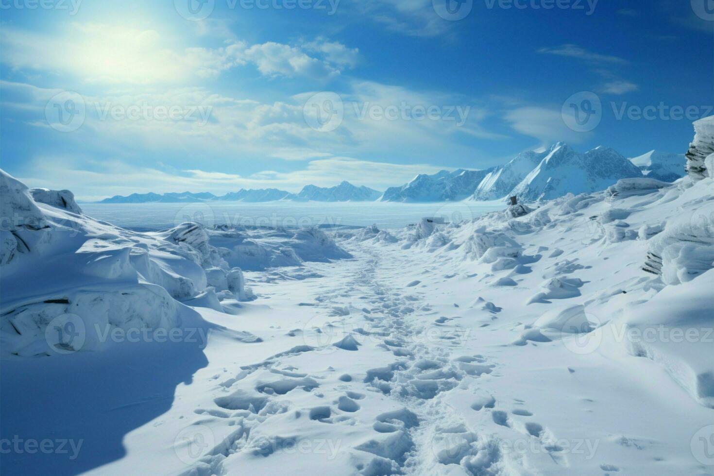 Hillside journey Snow covered footprints trace human climb amid serene snowy terrain AI Generated photo