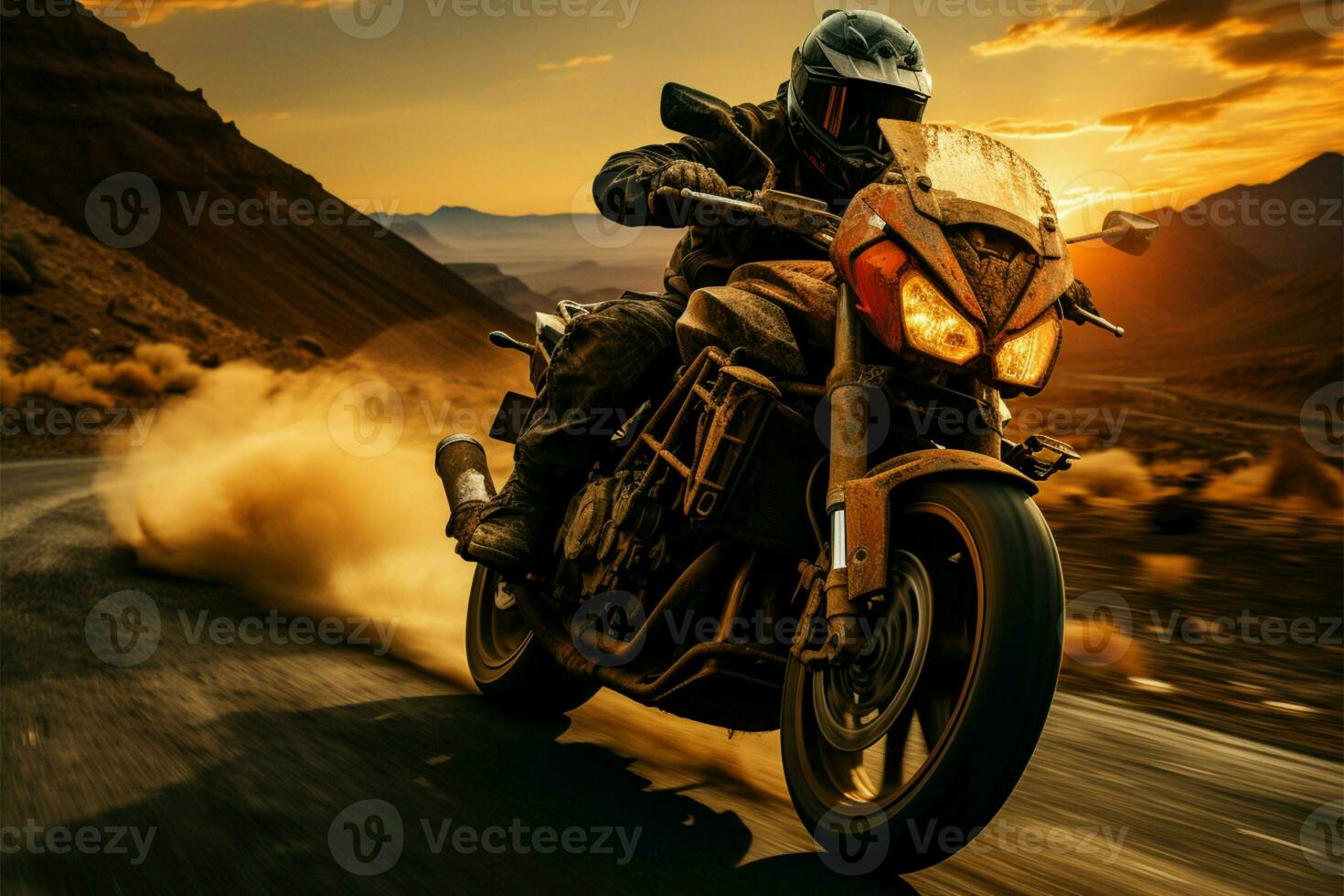 Sunrise highway ride Motorcyclist speeds, offering copious copy space, embodying morning adventure AI Generated photo