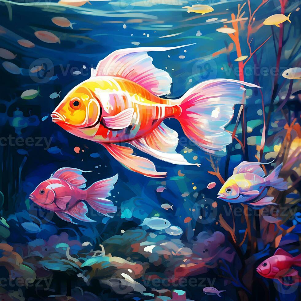 Underwater Colorful Fish with different design illustrations and a Natural Beautiful background photo