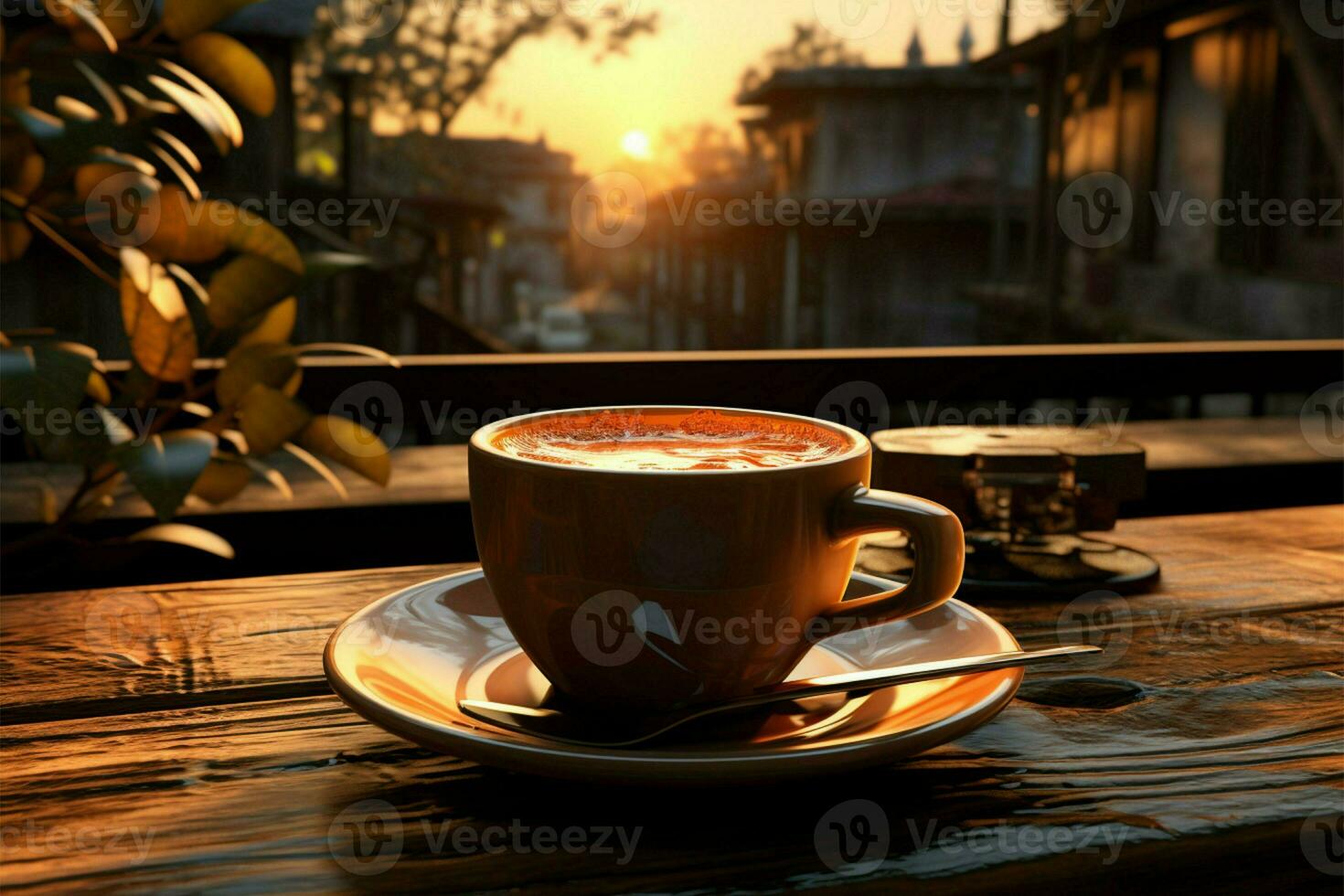 Cup holds dawn's aroma, window backdrop, table shadow stretches Coffee's awakening AI Generated photo