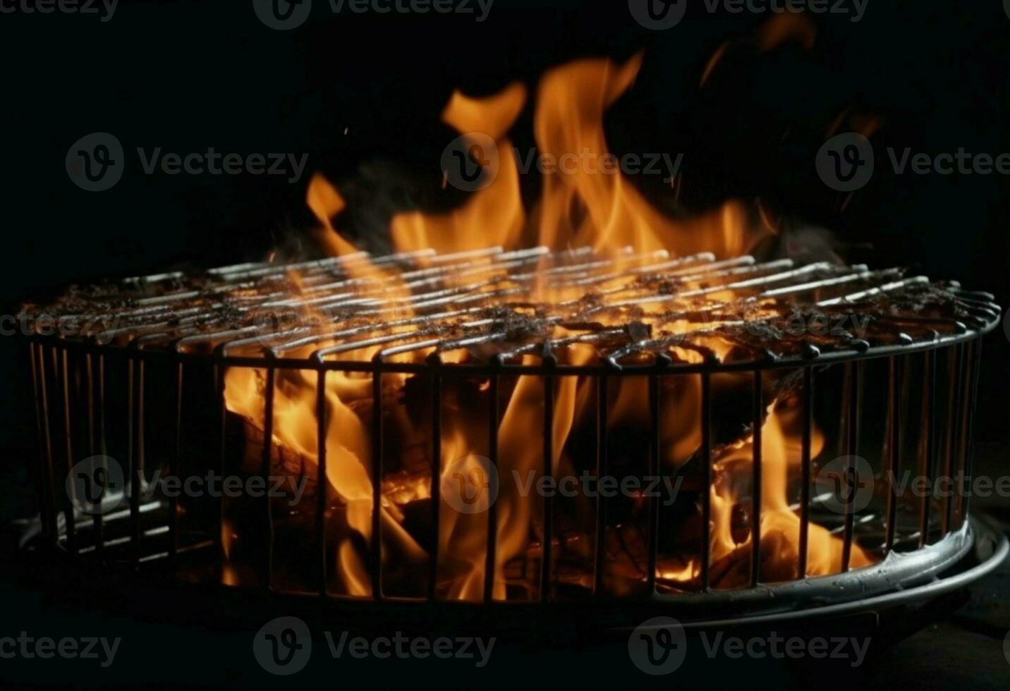 carbón fuego bailar, llameante parrilla conjunto en contra un negro Cocinando antecedentes. ai generado foto