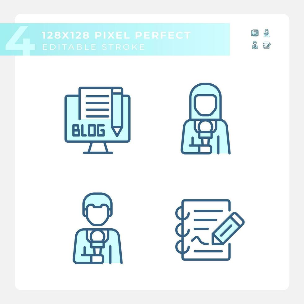 2D pixel perfect blue icons set representing journalism, editable thin line illustration. vector