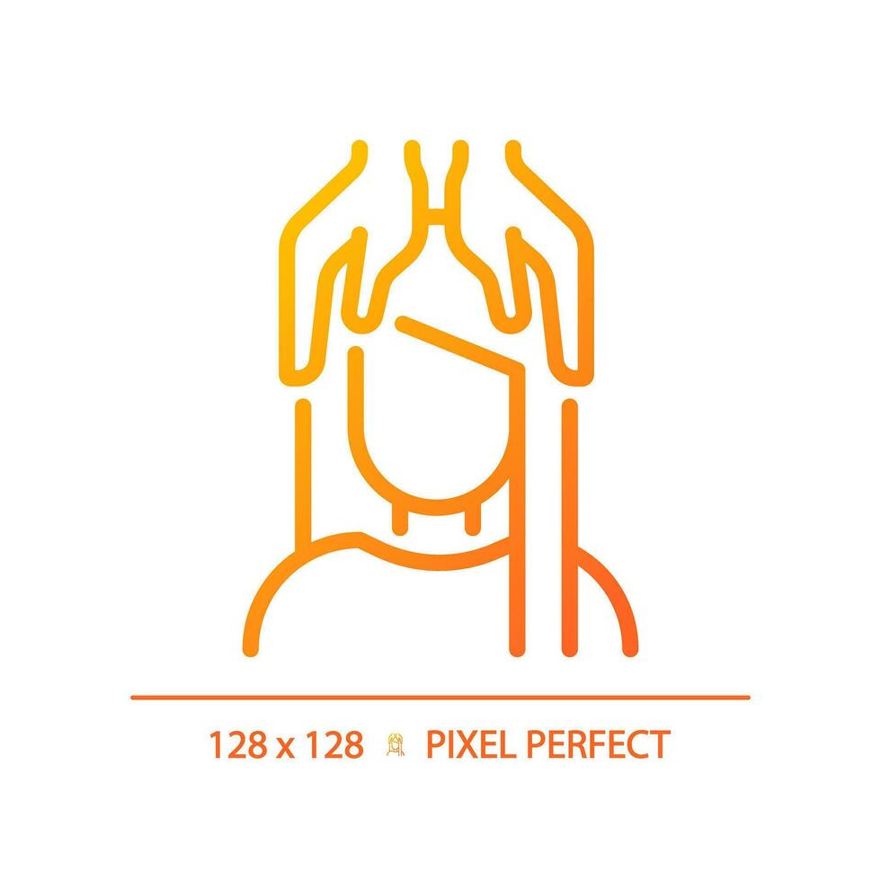 2D pixel perfect woman with head massage gradient icon, isolated vector, haircare thin line simple orange illustration. vector