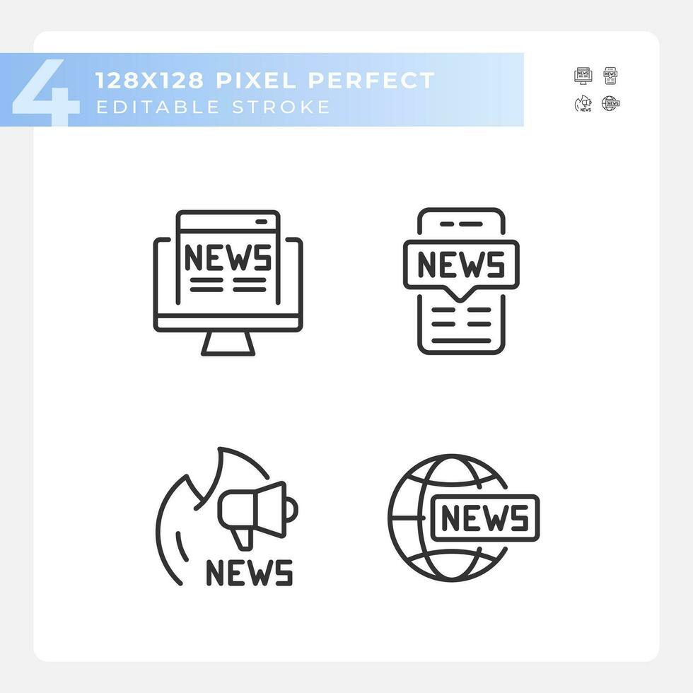 2D pixel perfect customizable black icons collection representing journalism, isolated vector, thin line illustration. vector