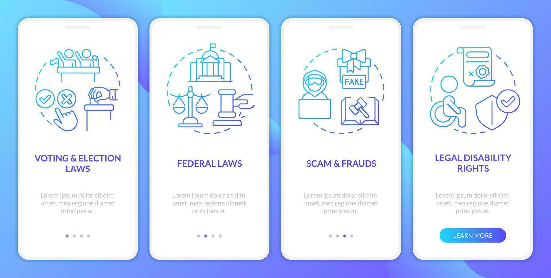 leyes y legal asuntos azul degradado inducción móvil aplicación pantalla. recorrido 4 4 pasos gráfico instrucciones con lineal conceptos. ui, ux, gui modelo vector