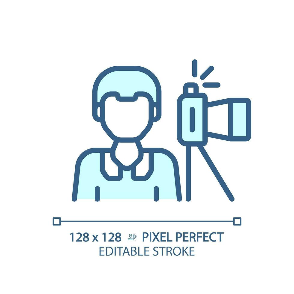 2D pixel perfect editable blue photojournalist icon, isolated vector, thin line illustration representing journalism. vector