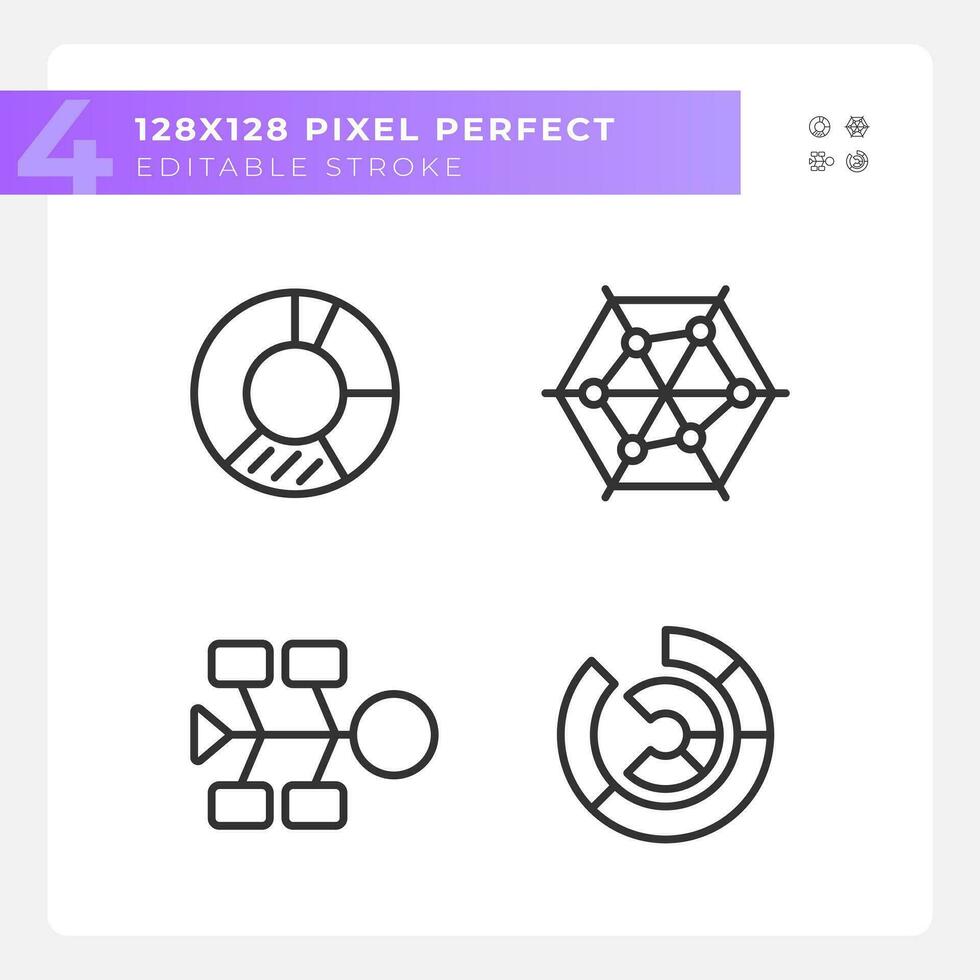 Competitor analysis linear icons set. Data distribution. Market research. Charts and diagrams. Business report. Customizable thin line symbols. Isolated vector outline illustrations. Editable stroke