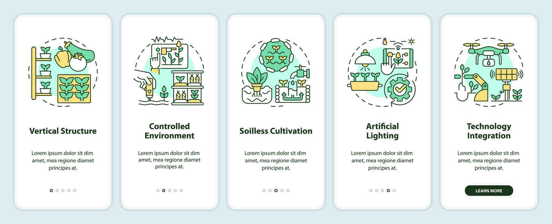 Linear icons representing vertical farming and hydroponics mobile app screen set. 5 steps graphic instructions, UI, UX, GUI template. vector