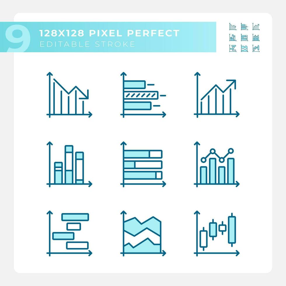 Trend charts light blue icons. Financial planning. Data analysis. Investment management. Stock market. RGB color. Website icons set. Simple design element. Contour drawing. Line illustration vector