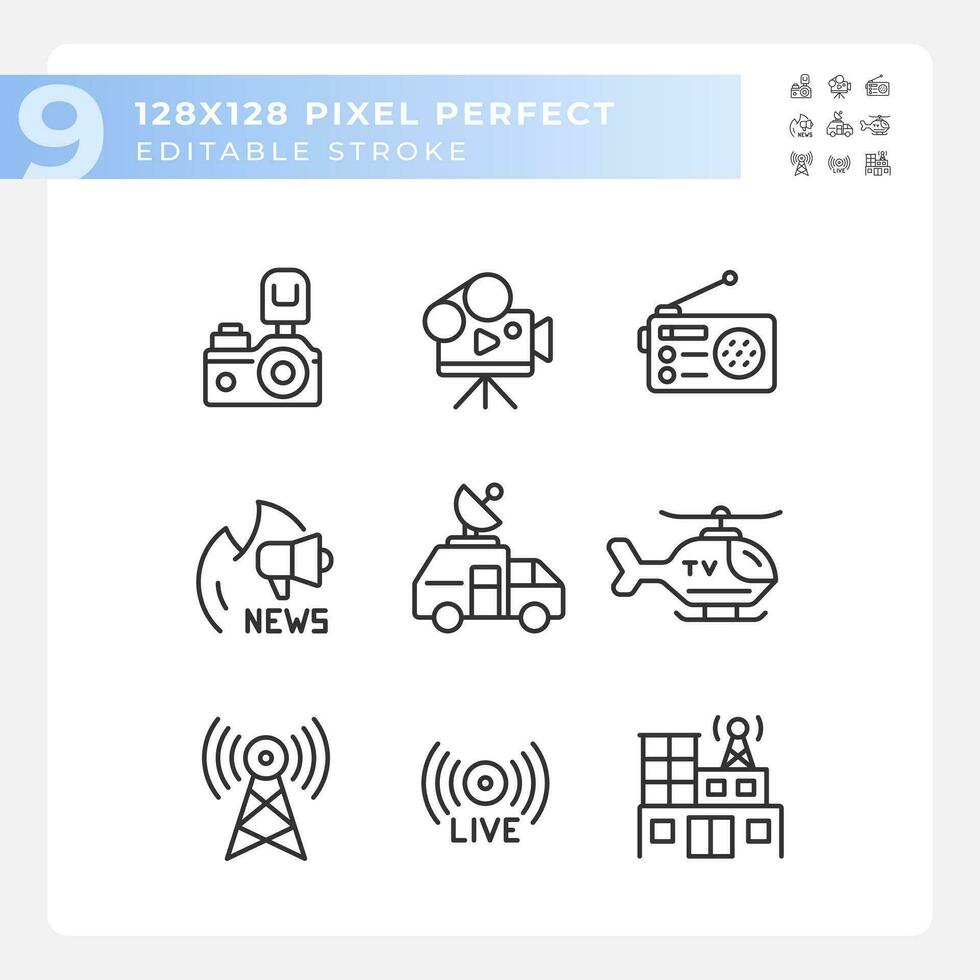 Pixel perfect black icons representing journalism, editable thin line illustration set. vector