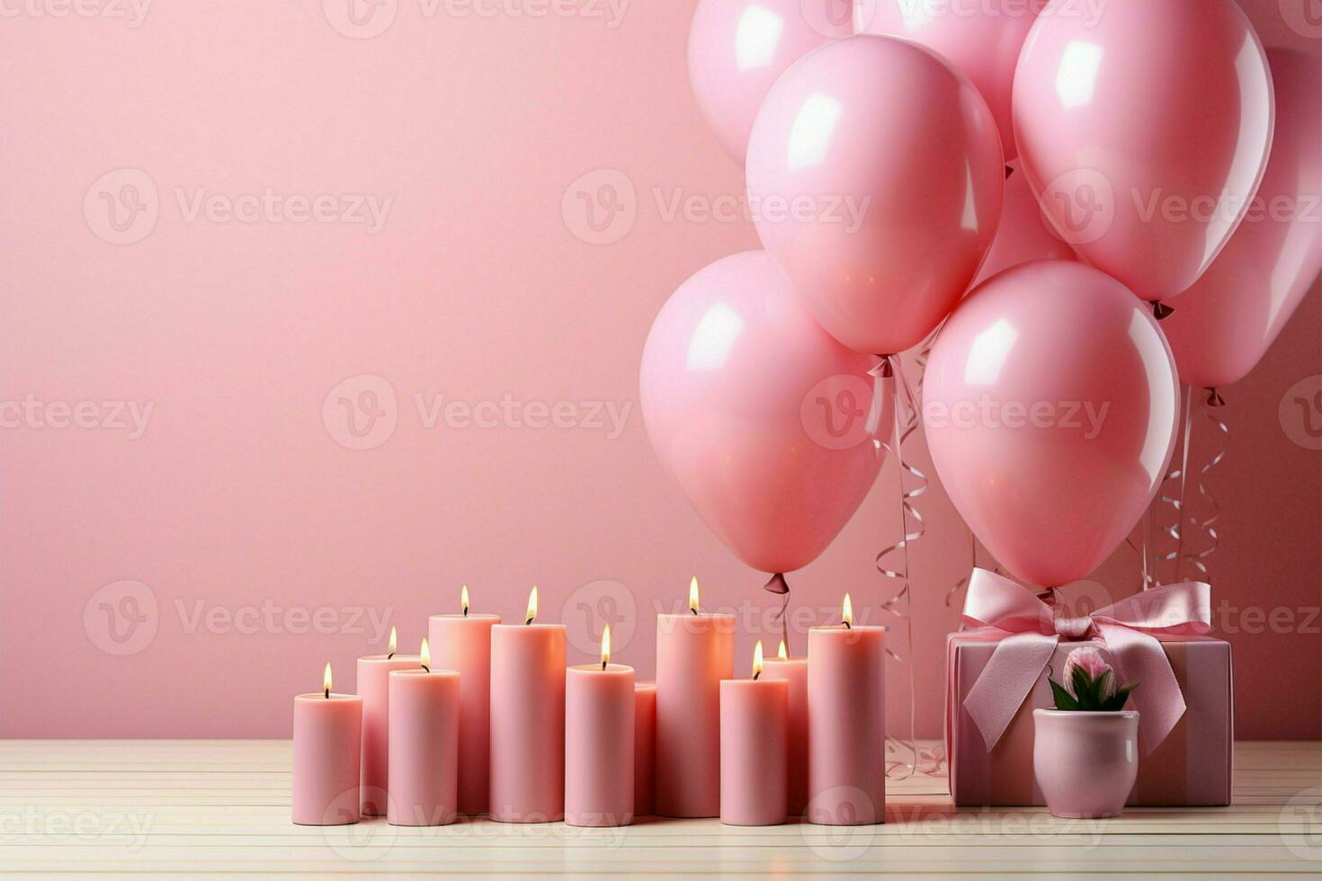 Birthday bliss, pink backdrop adorned with 3D pastel balloons, offering copy space AI Generated photo