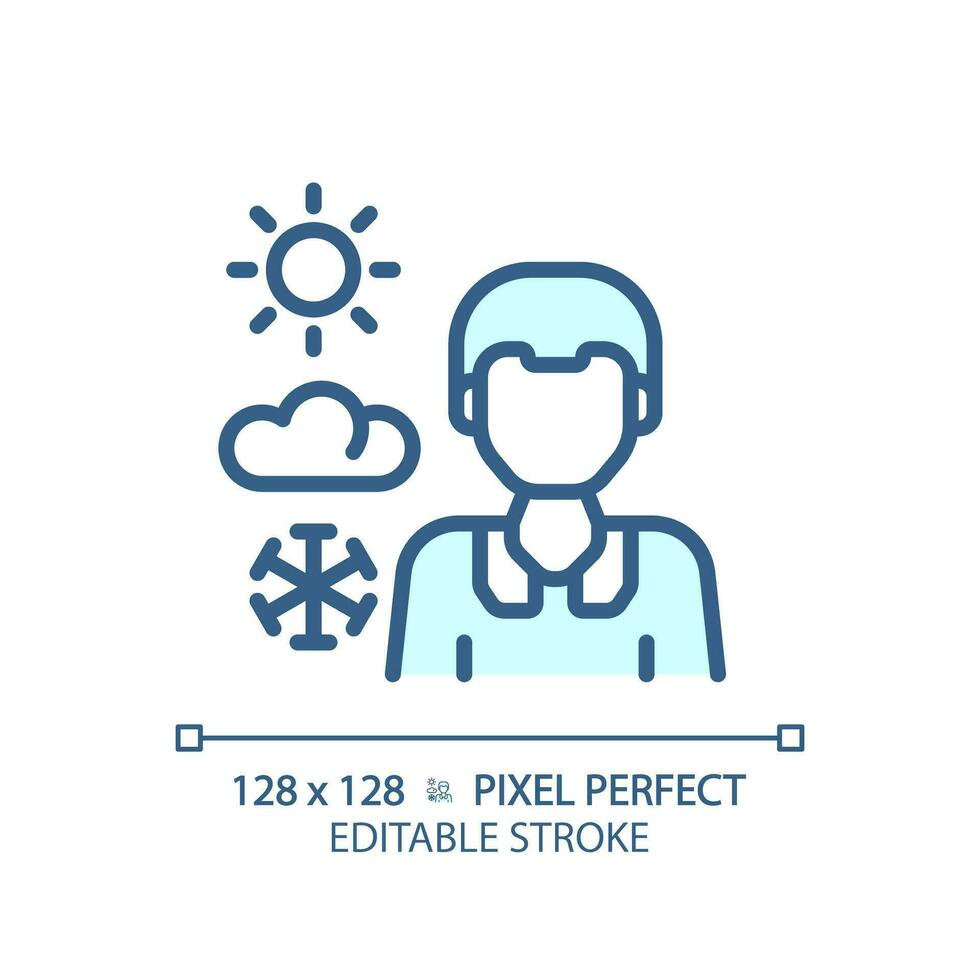 2D pixel perfect editable blue weather newscaster icon, isolated vector, thin line illustration representing journalism. vector
