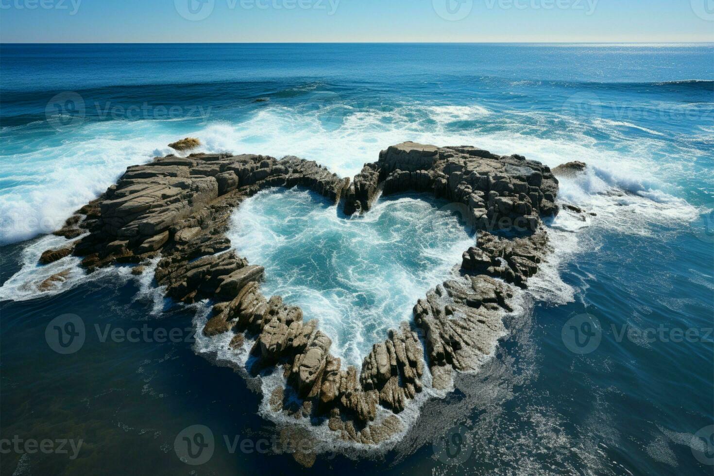 ola besado amor corazón forma en arenoso playa, enmarcado por laminación Oceano olas ai generado foto