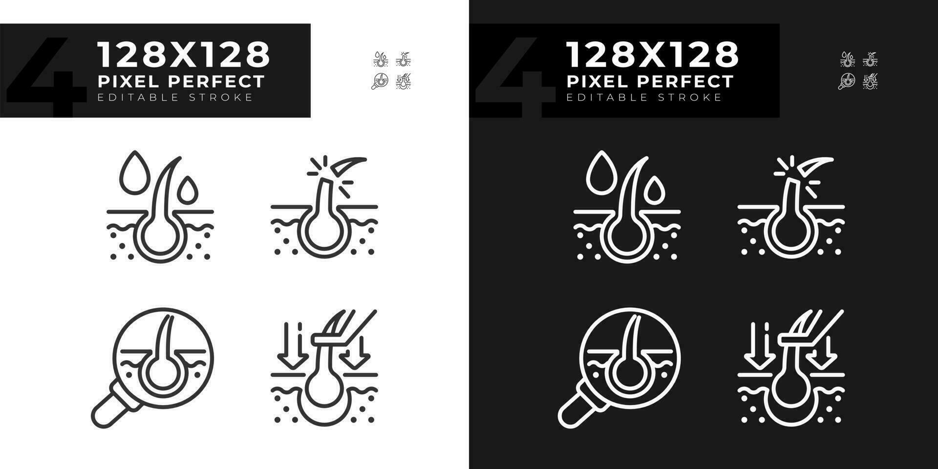 2D pixel perfect dark and light icons set representing haircare, editable thin line illustration. vector