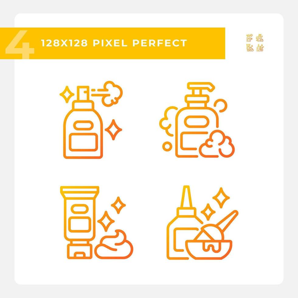 2D pixel perfect gradient icons pack representing haircare, thin line orange illustration. vector