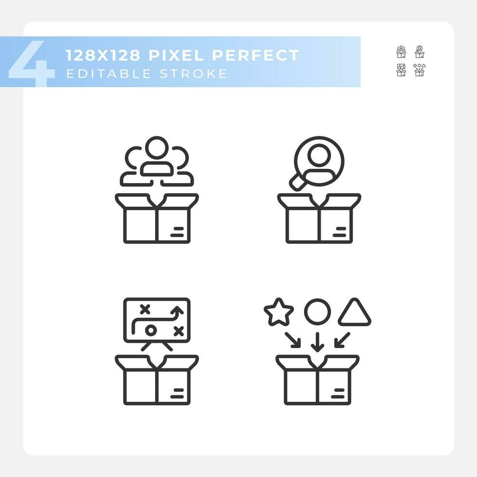 Pixel perfect black icons set representing product management, editable thin line illustration. vector