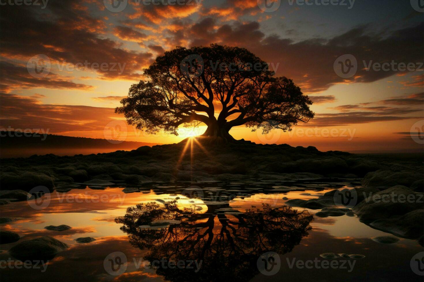 Sunsets gift Tree silhouette adorned by suns golden rays in twilights canvas AI Generated photo