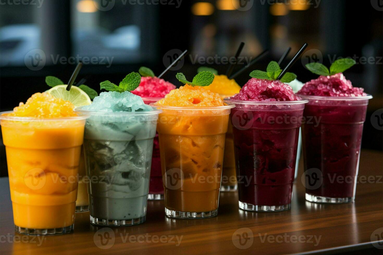 Colorful row of plastic cup slushies, brimming with frozen fruity goodness AI Generated photo