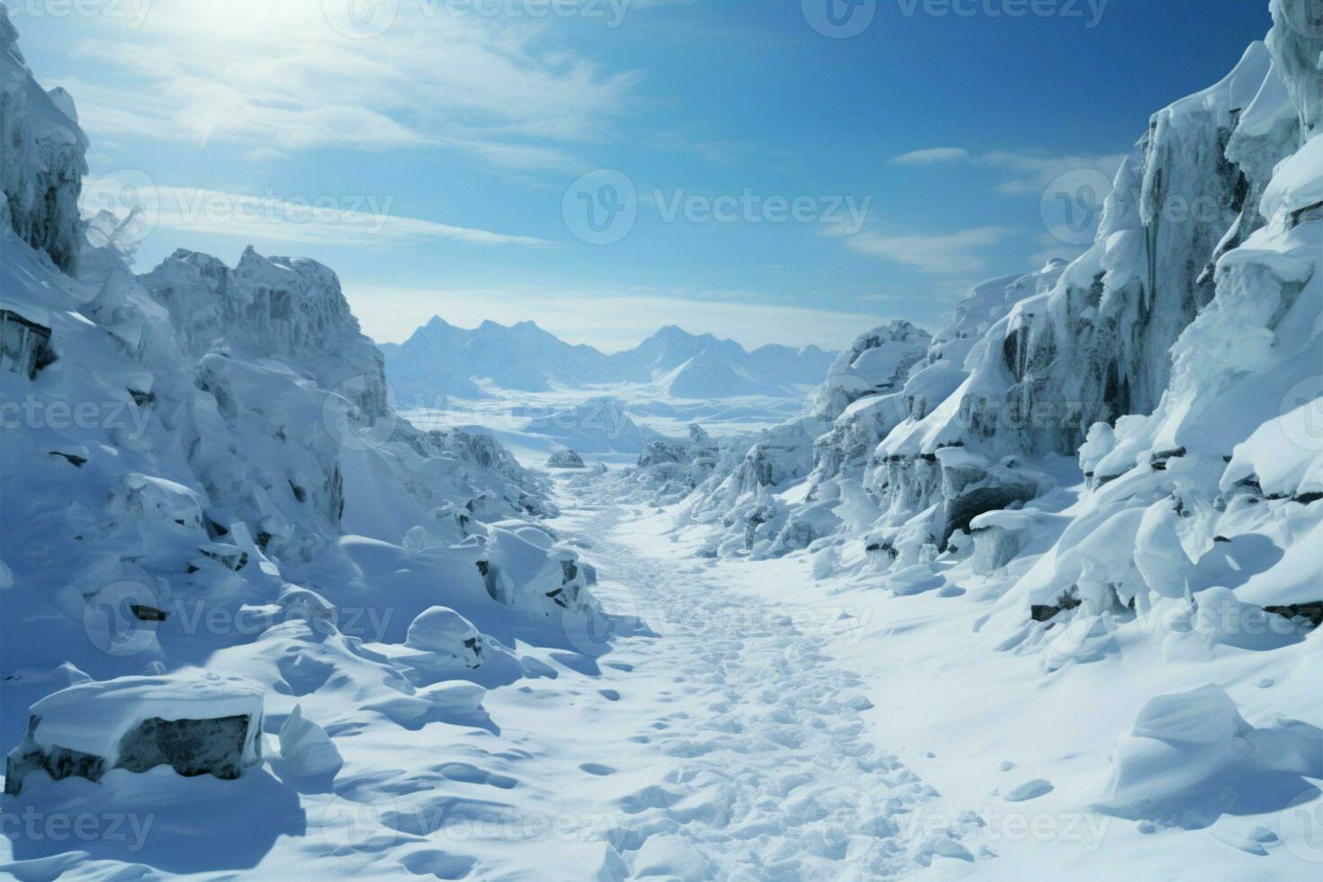 Wintry trek Footprints ascend hill as humans venture through snow covered landscape AI Generated photo