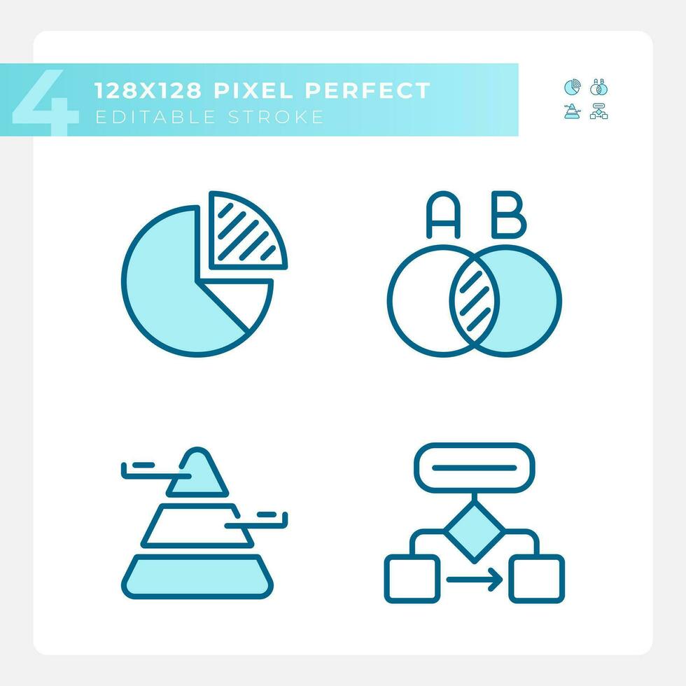 Data presentation light blue icons. Charts and diagrams. Marketing report. Business decision. RGB color. Website icons set. Simple design element. Contour drawing. Line illustration vector