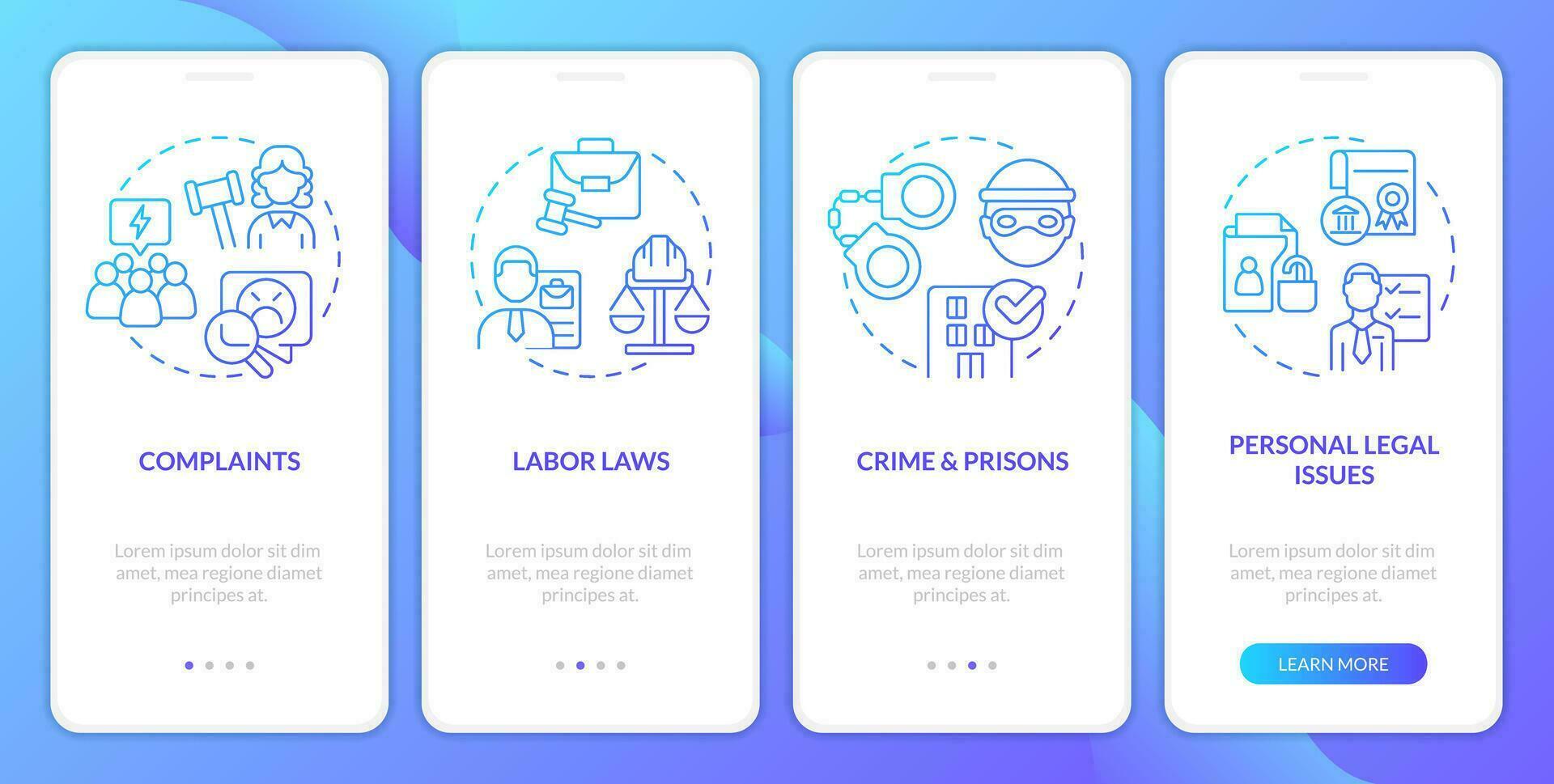 Laws and legal issues blue gradient onboarding mobile app screen. Walkthrough 4 steps graphic instructions with linear concepts. UI, UX, GUI template vector