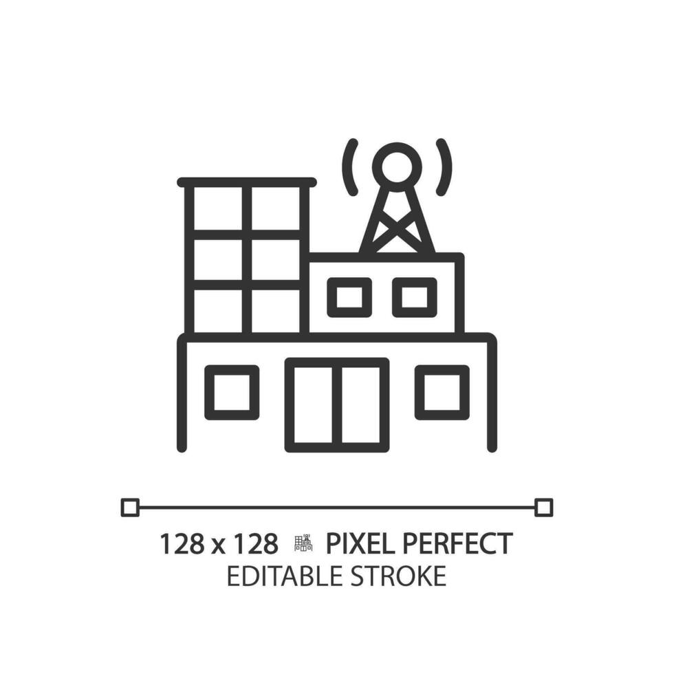 2D pixel perfect editable black radio station building icon, isolated vector, thin line illustration representing journalism. vector