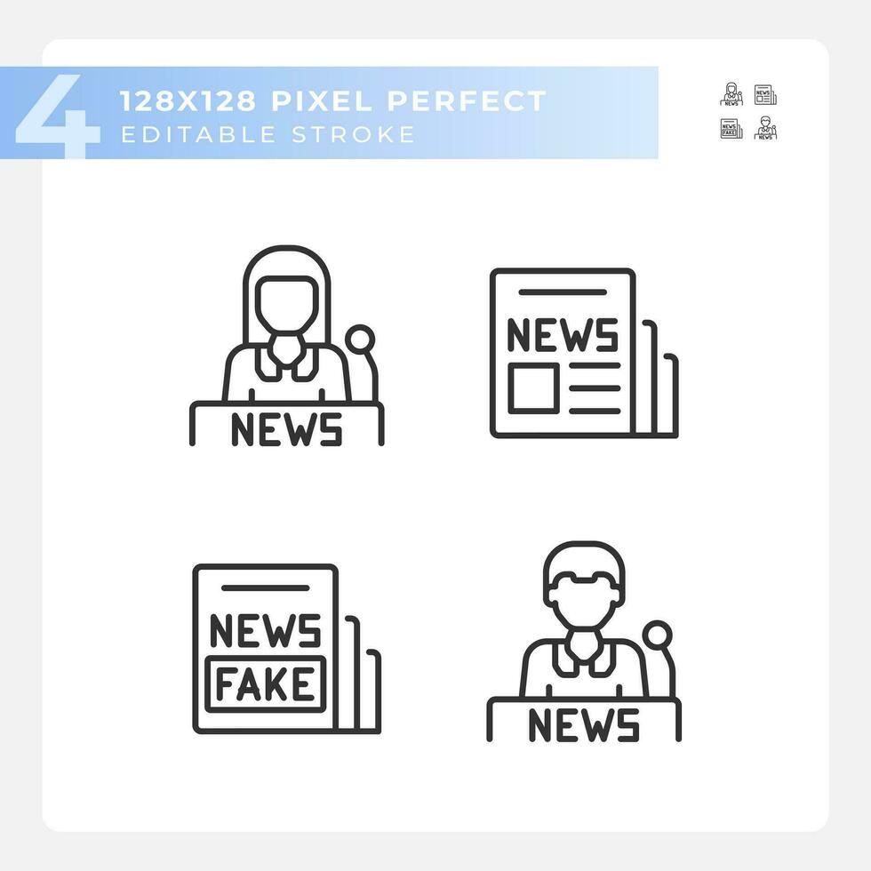 píxel Perfecto negro íconos conjunto de periodismo, editable Delgado línea ilustración. vector