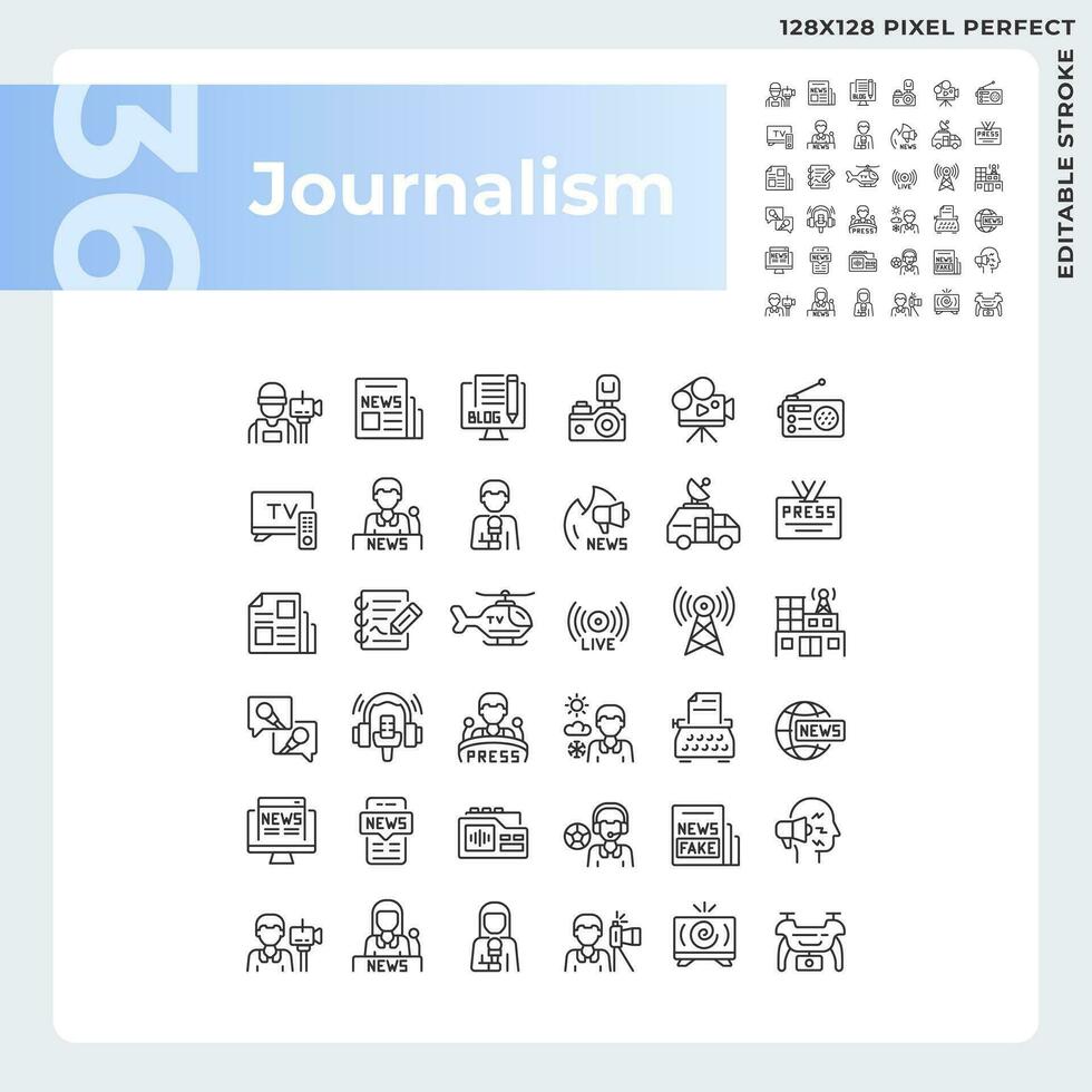 Pixel perfect black icons set representing journalism, editable thin line illustration. vector