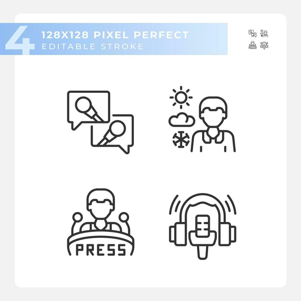 2D pixel perfect black icons set representing journalism, editable thin linear illustration. vector