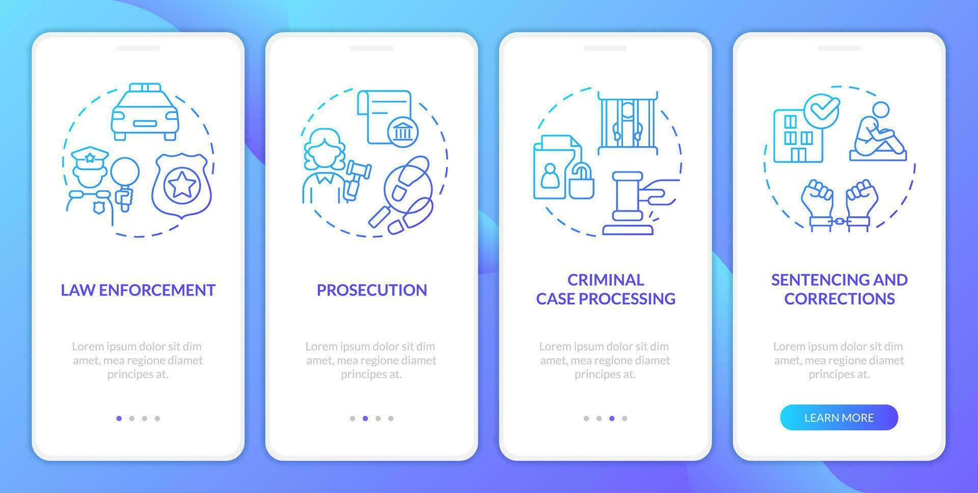 justicia sistema azul degradado inducción móvil aplicación pantalla. público seguridad. recorrido 4 4 pasos gráfico instrucciones con lineal conceptos. ui, ux, gui modelo vector