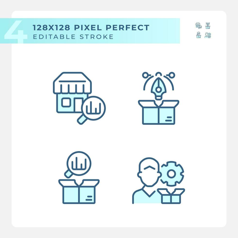 2D pixel perfect blue icons set representing product management, editable thin line illustration. vector