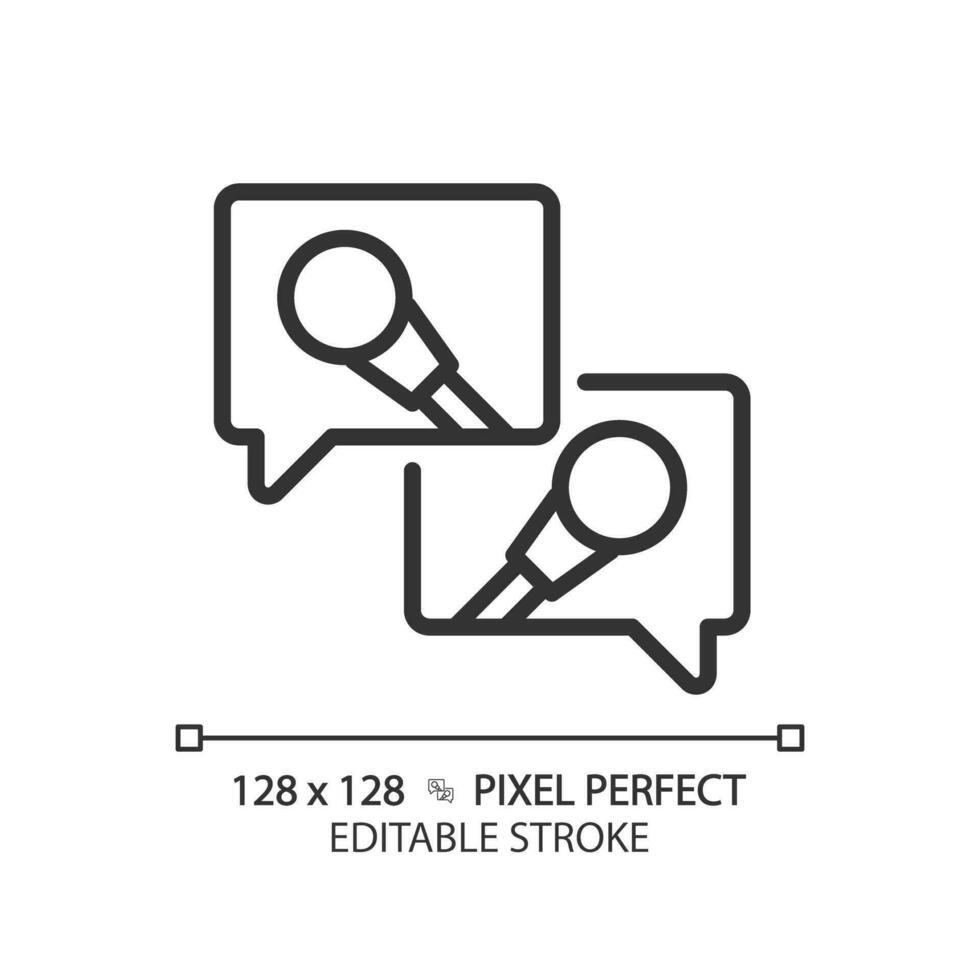 2D pixel perfect editable black media interview icon, isolated vector, thin line illustration representing journalism. vector