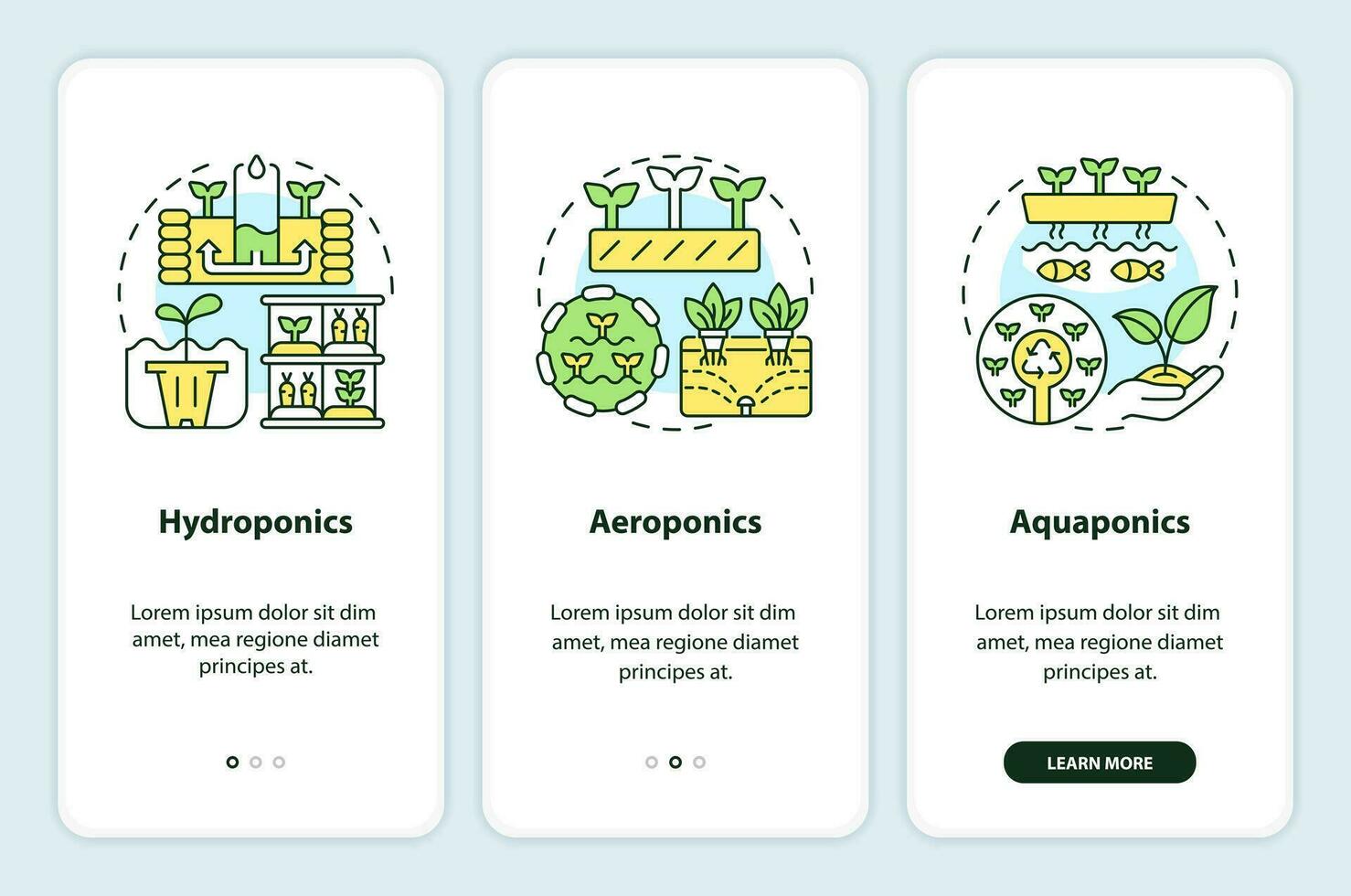 lineal íconos representando tipos de vertical agricultura móvil aplicación pantalla colocar. 3 pasos gráfico instrucciones, ui, ux, gui modelo. vector