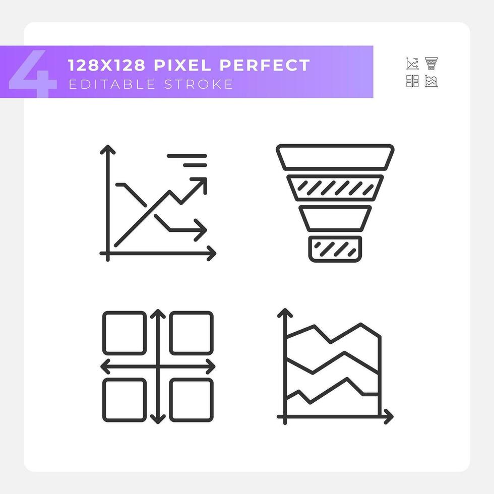 Marketing charts linear icons set. Sales analysis. Social media. Business strategy. Process improvement. Customizable thin line symbols. Isolated vector outline illustrations. Editable stroke