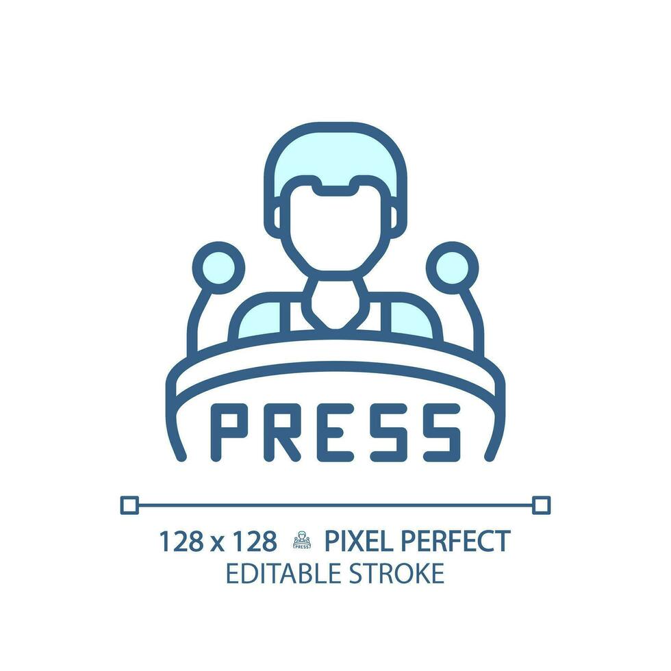 2D pixel perfect editable blue press conference icon, isolated vector, thin line illustration representing journalism. vector