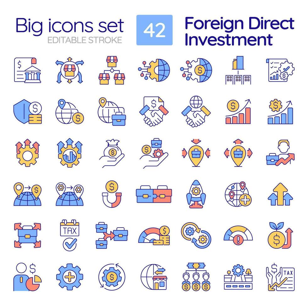 Editable colorful big icons set representing foreign direct investment, isolated vector, thin line illustration. vector