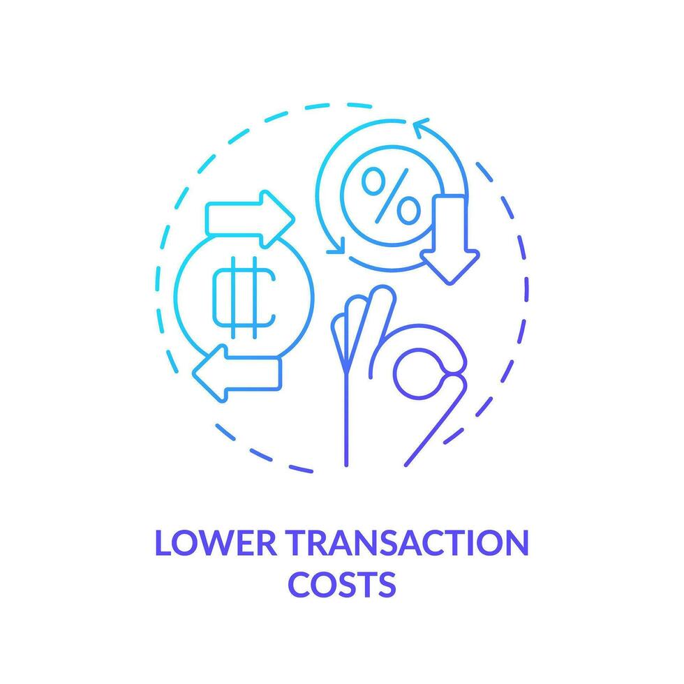 2D lower transaction costs gradient thin line icon concept, isolated vector, illustration representing digital currency. vector