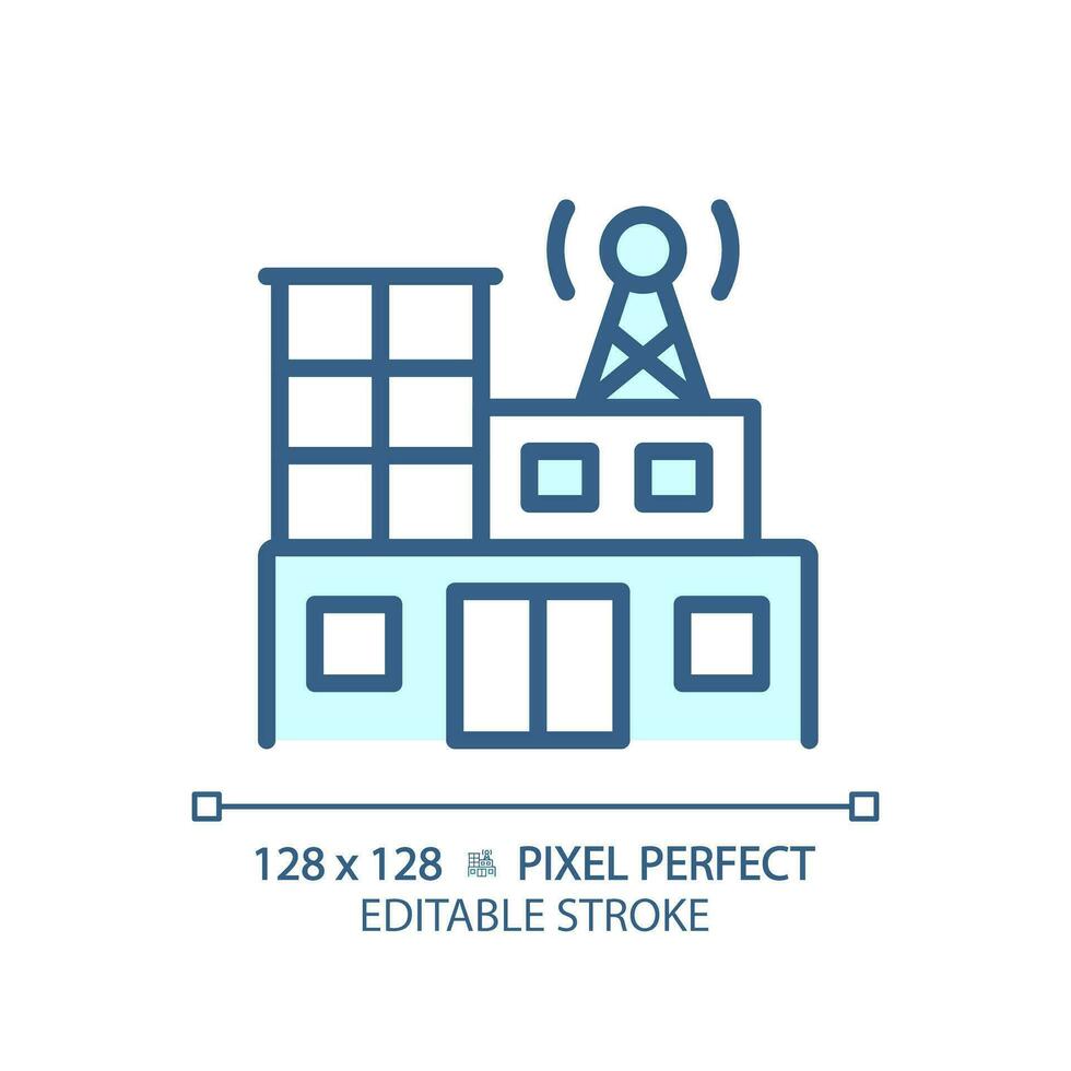 2D pixel perfect editable blue radio station building icon, isolated vector, thin line illustration representing journalism. vector
