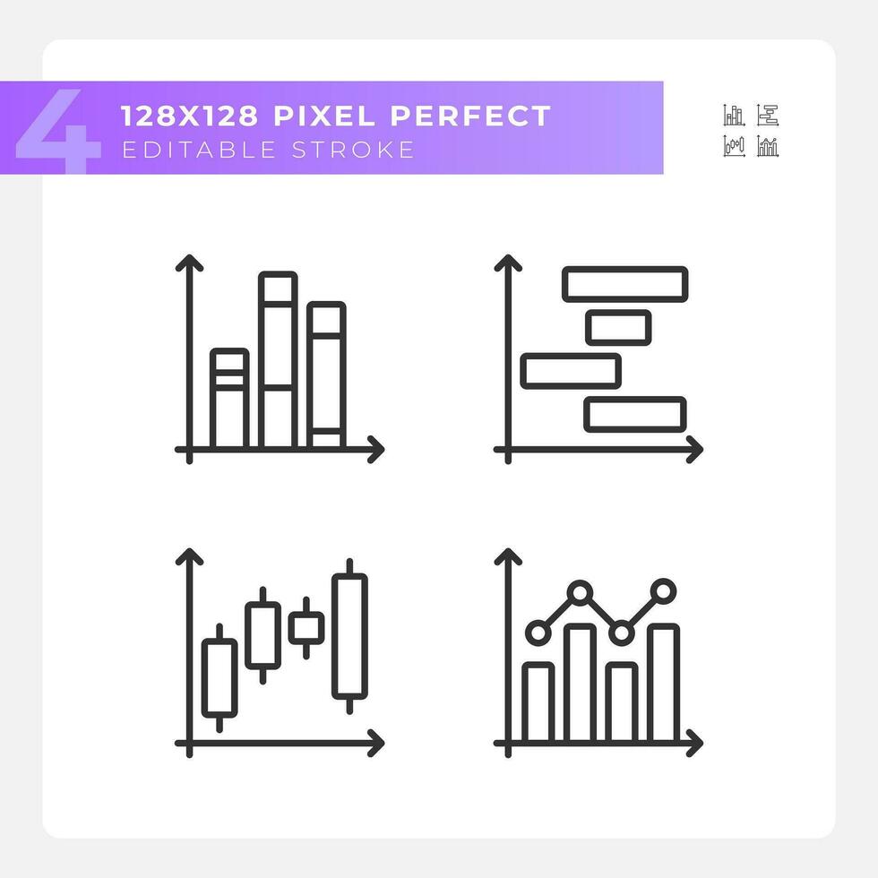 Stock market linear icons set. Money charts. Investment strategy. Financial data. Trading company. Customizable thin line symbols. Isolated vector outline illustrations. Editable stroke