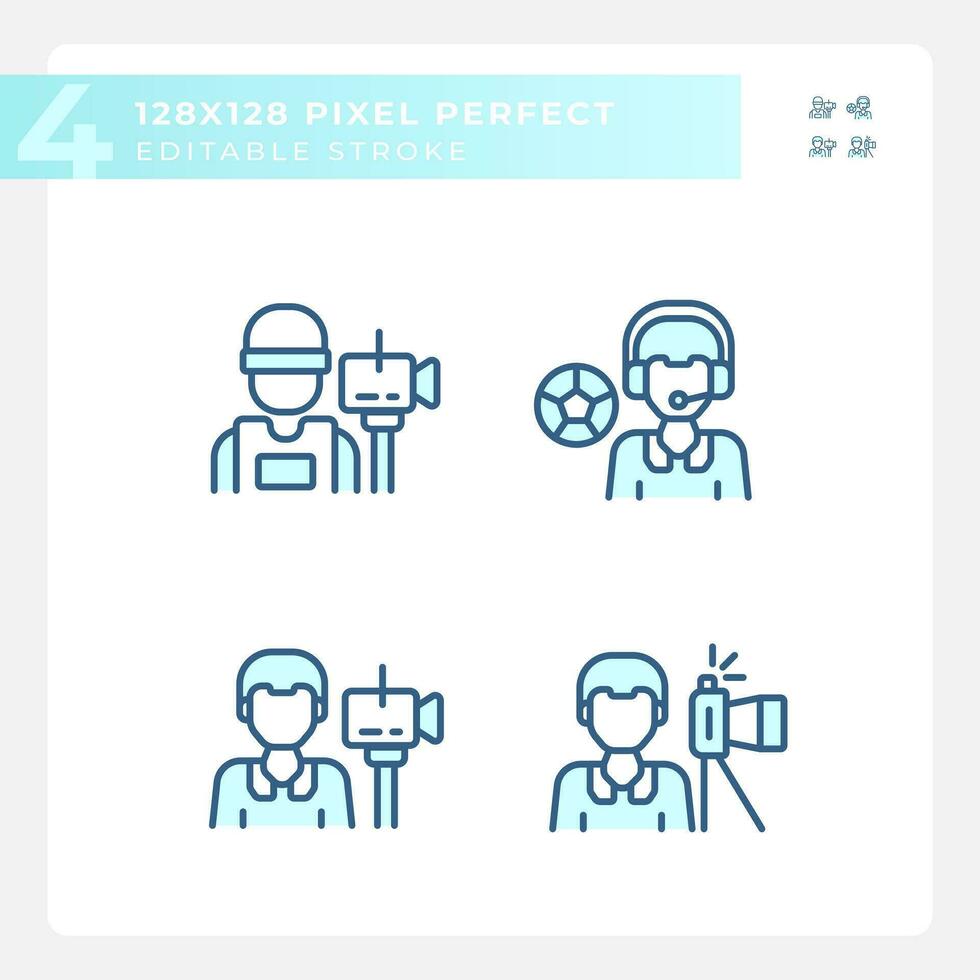 Pixel perfect set of blue icons representing journalism, editable thin line illustration. vector