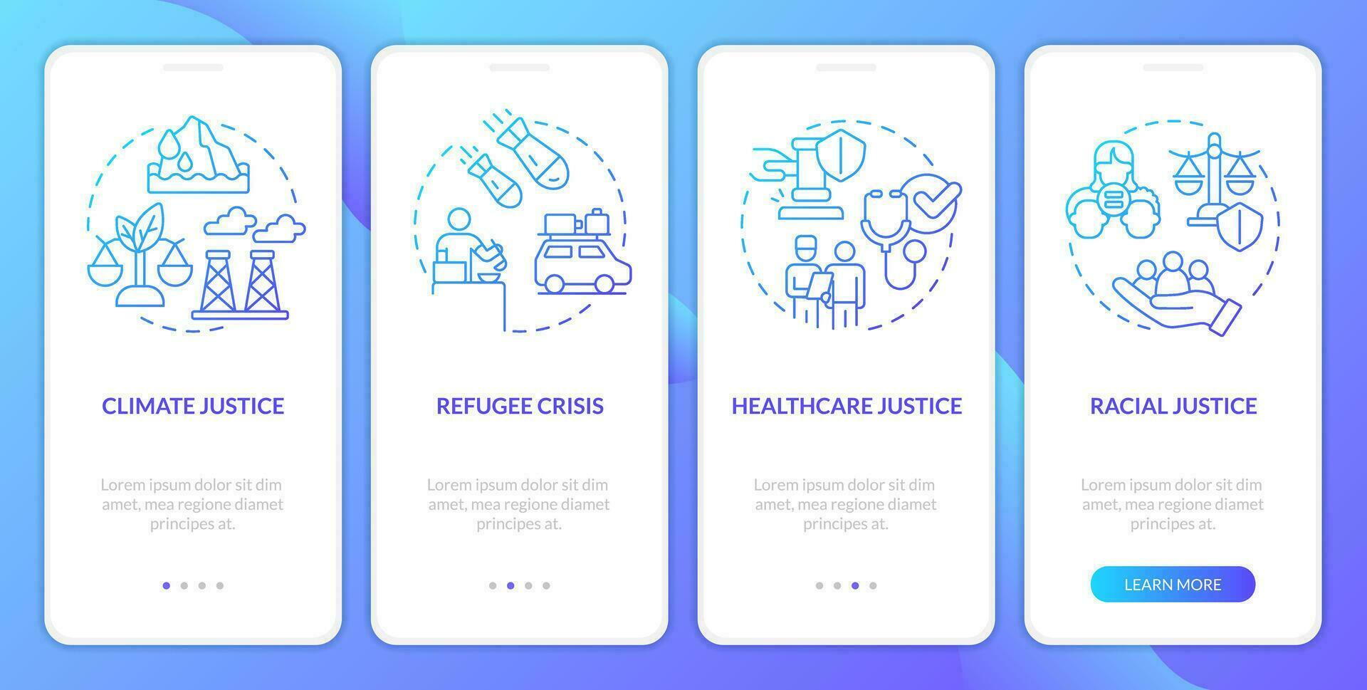 Social justice examples blue gradient onboarding mobile app screen. Walkthrough 4 steps graphic instructions with linear concepts. UI, UX, GUI template vector