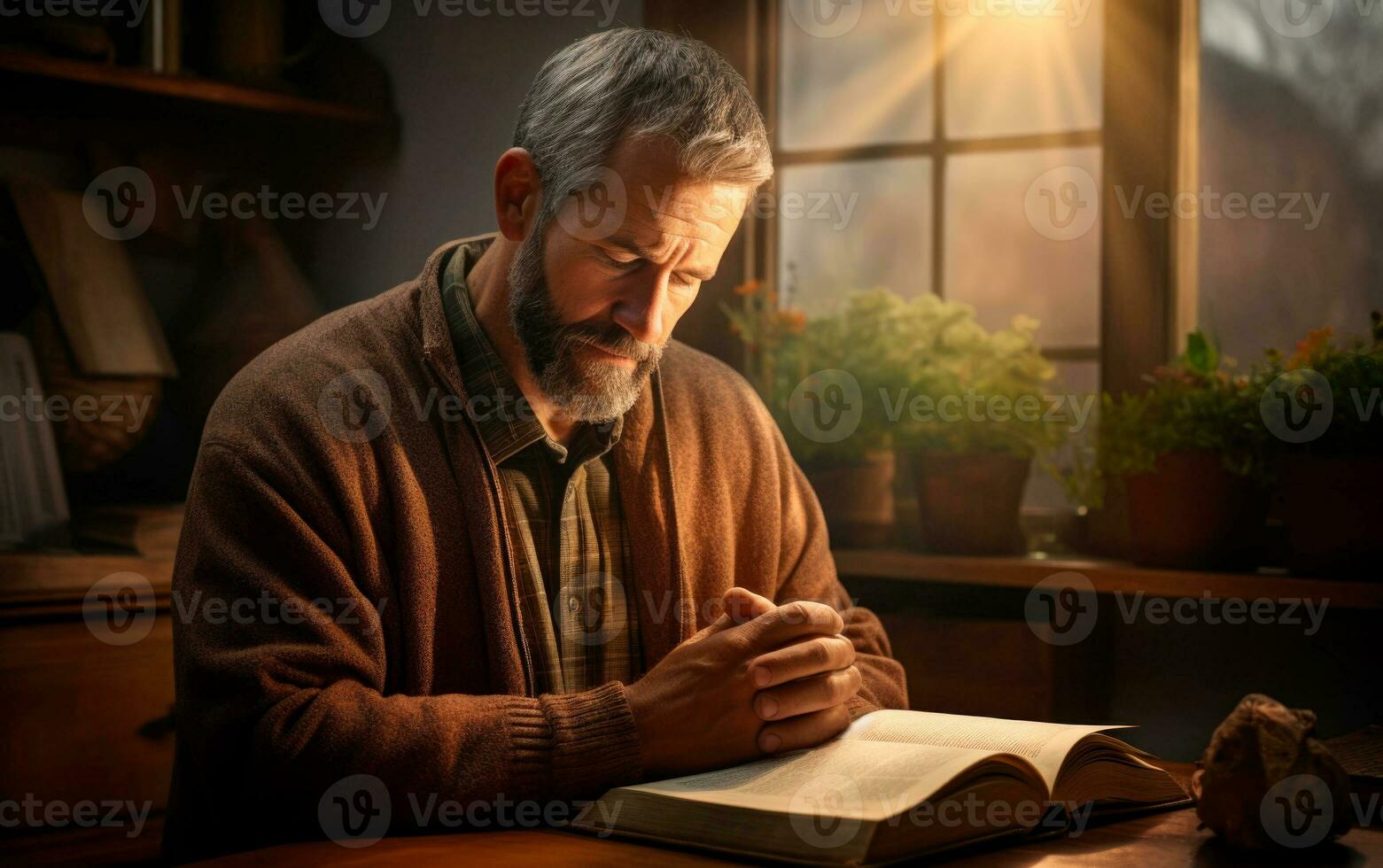 Middle aged man reading the Bible and praying in his house. AI Generative photo