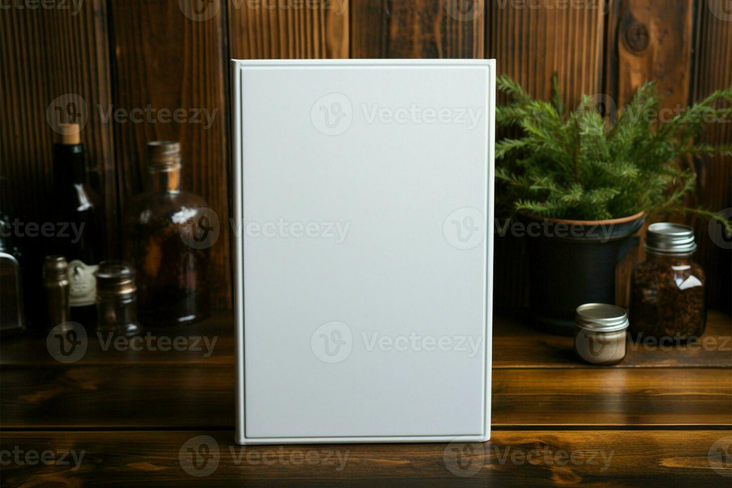 Black e book with white blank screen, viewed from above, on dark wood AI Generated photo