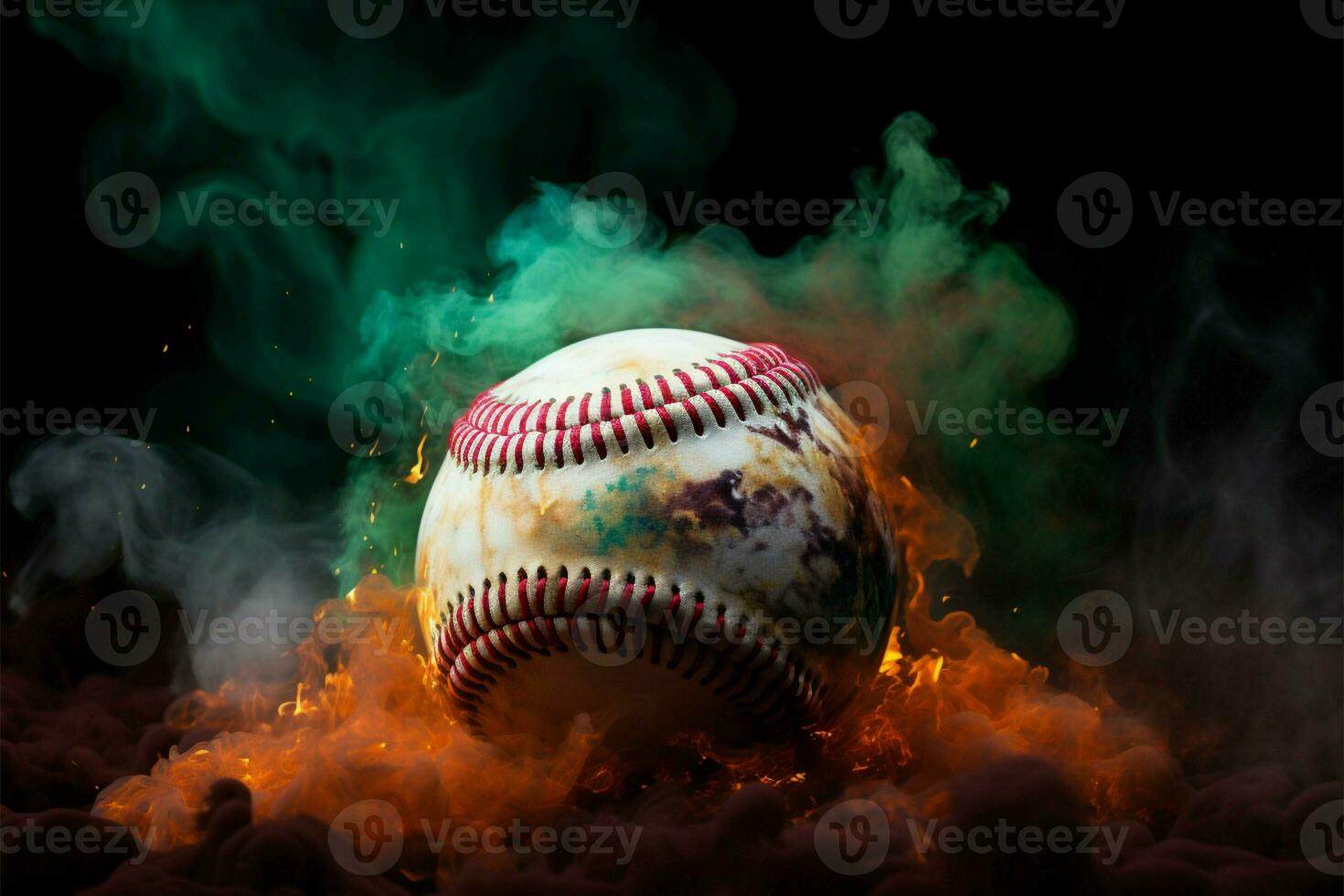 Colorful baseball pops against a mysterious, smoky backdrop AI Generated photo